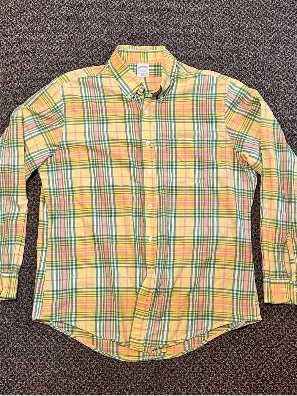 Brooks Brothers Yellow Plaid Button-Down Shirt with Green Accents